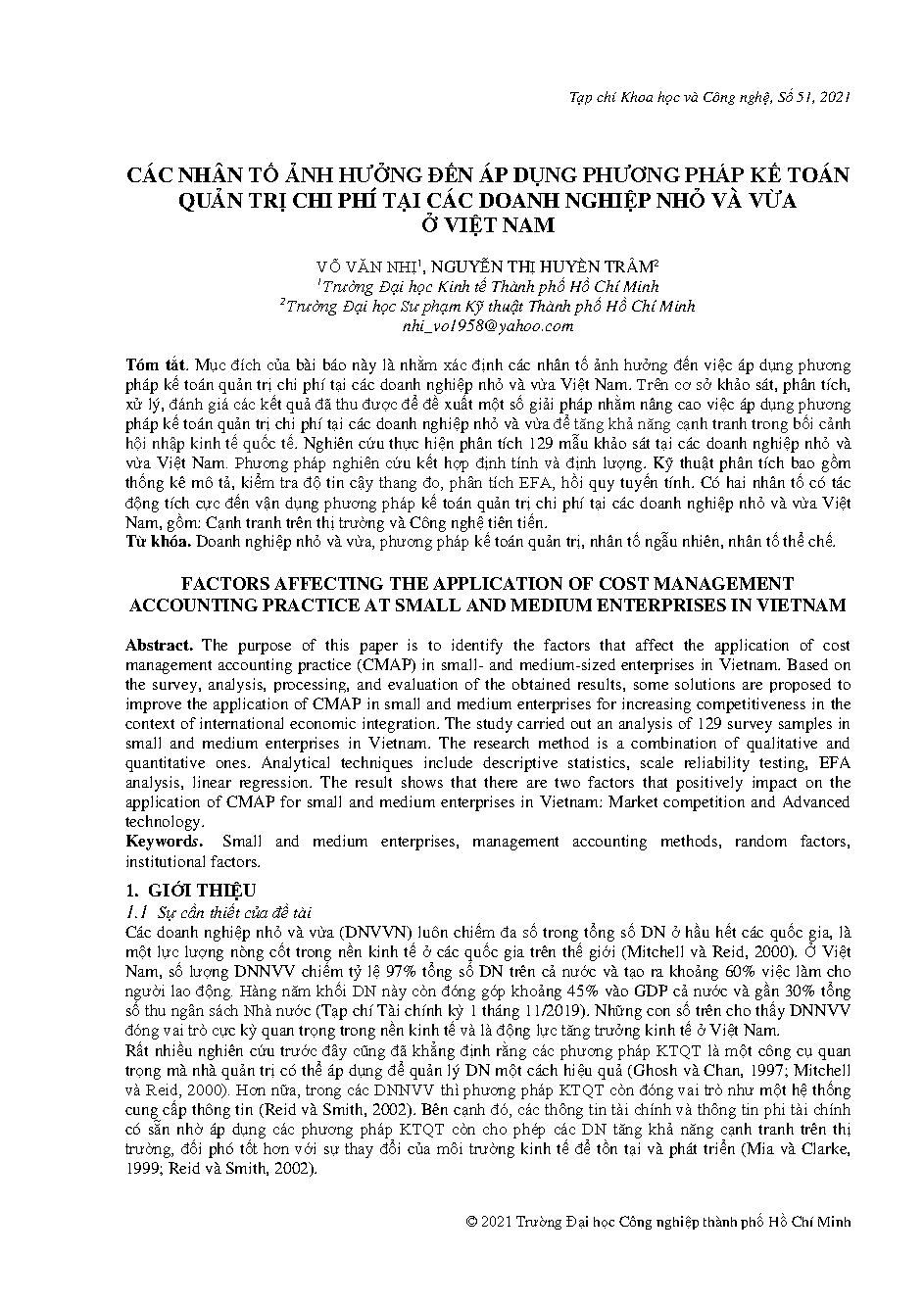 Các nhân tố ảnh hưởng đến áp dụng phương pháp kế toán quản trị chi phí tại các doanh nghiệp nhỏ và vừa ở Việt Nam