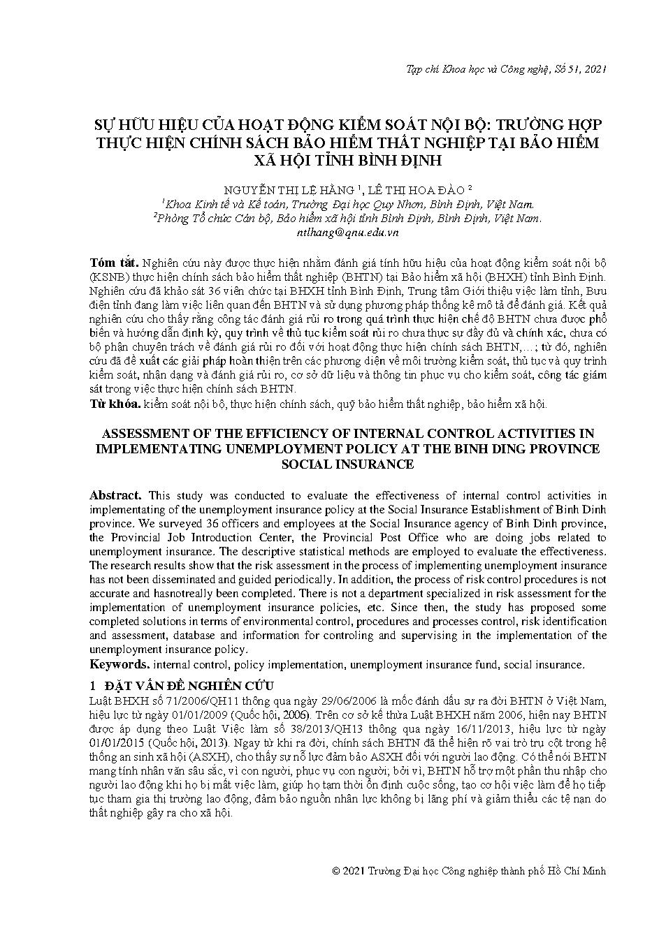 Sự hữu hiệu của hoạt động kiểm soát nội bộ: trường hợp thực hiện chính sách bảo hiểm thất nghiệp tại bảo hiểm xã hội tỉnh Bình Định