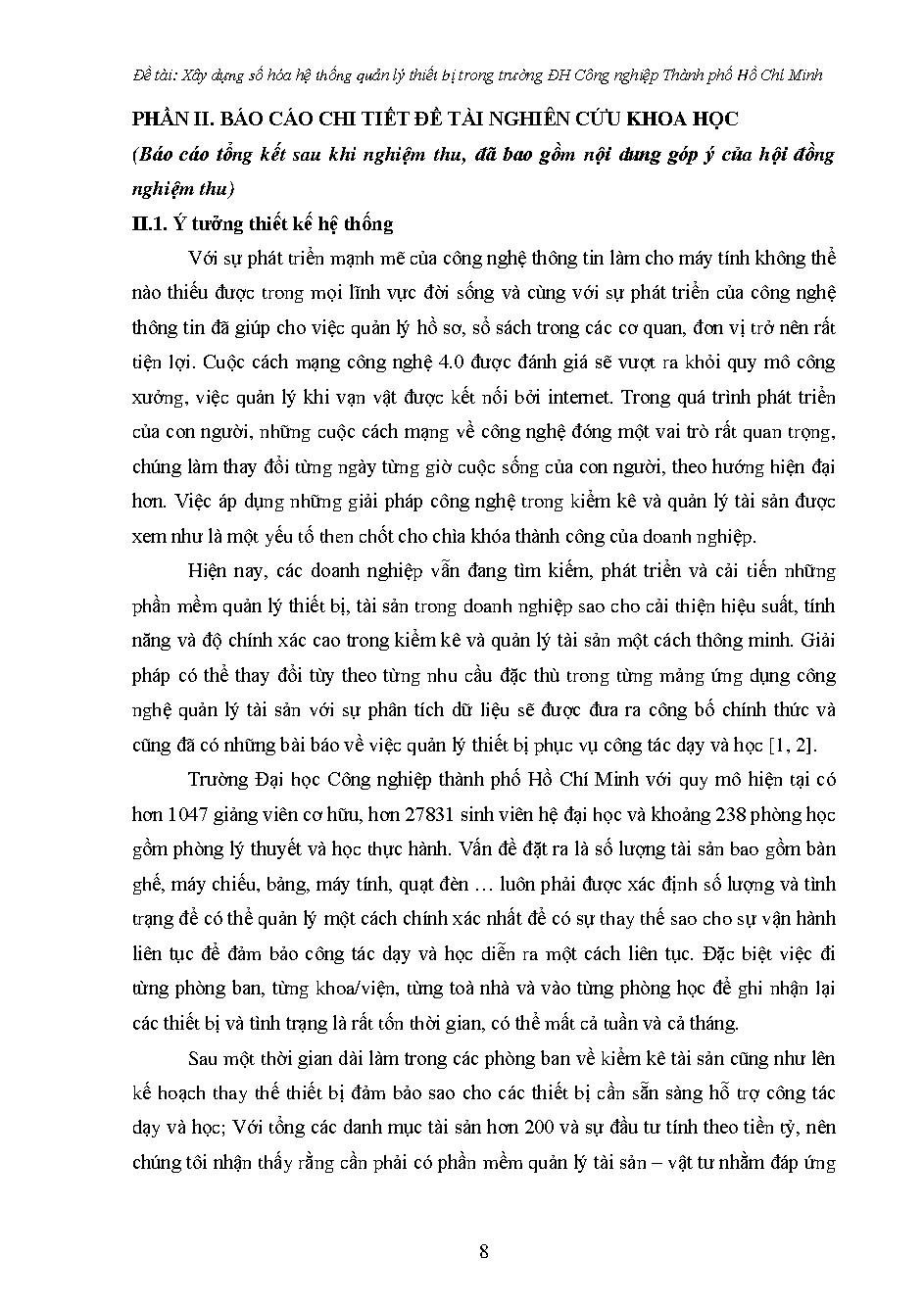 Xây dựng số hóa hệ thống quản lý thiết bị trong trường Đại học Công nghiệp Thành phố Hồ Chí Minh: Báo cáo đề tài nghiên cứu khoa học cấp Trường