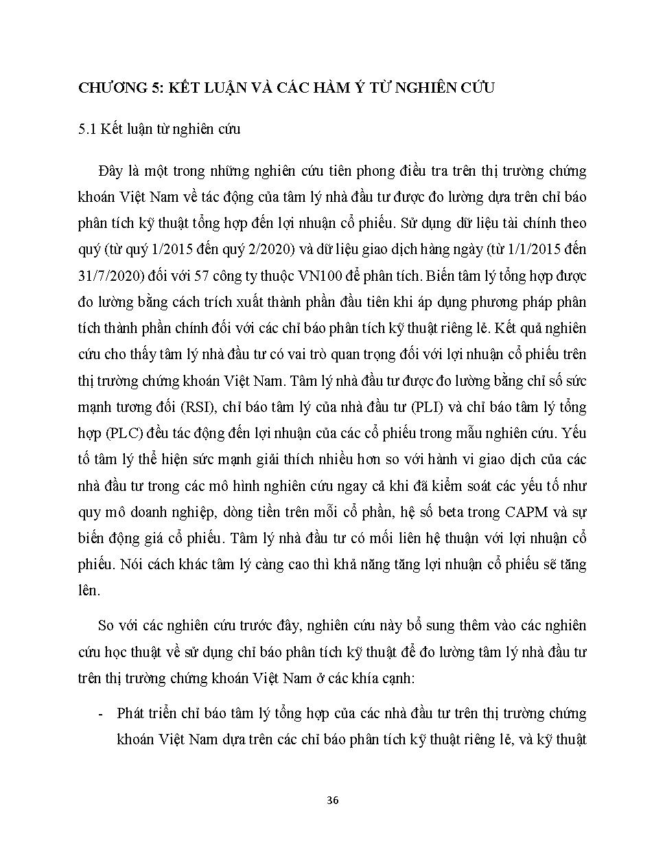 Tác động của tâm lý nhà đầu tư được đo lường dựa trên các chỉ báo phân tích kỹ thuật đến lợi nhuận cổ phiếu: bằng chứng thực nghiệm trên VN100: Báo cáo chị tiết đề tài cấp Trường