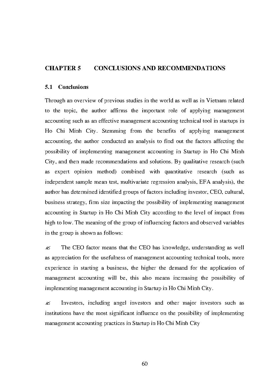 Factors impact to the implementing of management accounting in startup in Ho Chi Minh City: M.A thesis - Major: Accounting