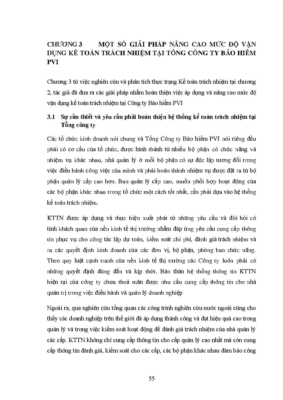 Các giải pháp nâng cao mức độ vận dụng kế toán trách nhiệm tại tổng công ty bảo hiểm PVI: Luận văn Thạc sĩ - Chuyên ngành: Kế toán