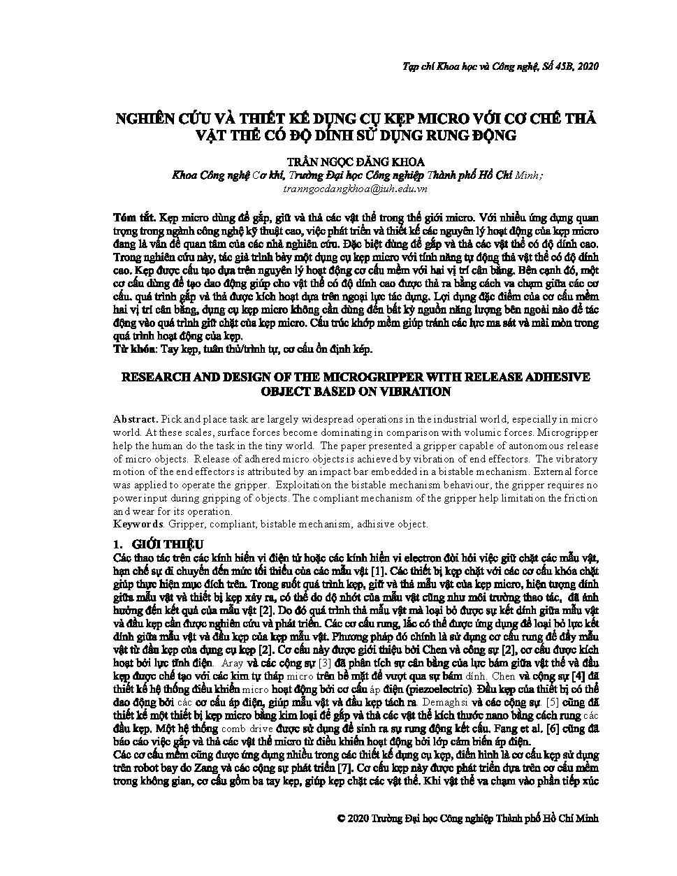 Nghiên cứu và thiết kế dụng cụ kẹp micro với cơ chế thả vật thể có độ dính sử dụng rung động