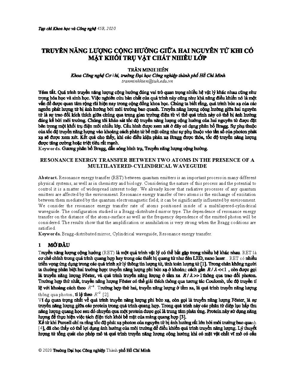 Truyền năng lượng cộng hưởng giữa hai nguyên tử khi có mặt khối trụ vật chất nhiều lớp