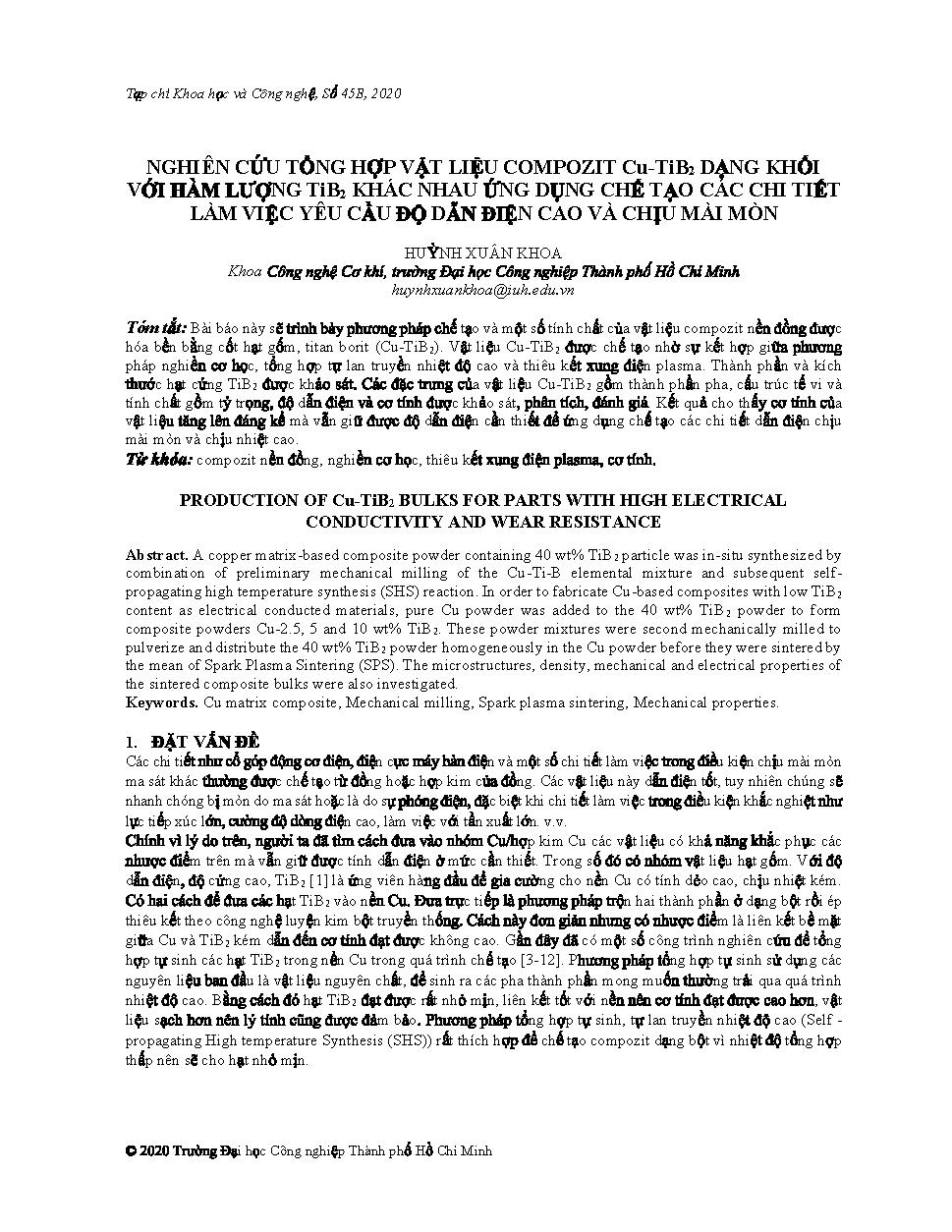 Nghiên cứu tổng hợp vật liệu compozit Cu-TiB2 dạng khối với hàm lượng TiB2 khác nhau ứng dụng chế tạo các chi tiết làm việc yêu cầu dẫn điện cao và chịu mài mòn