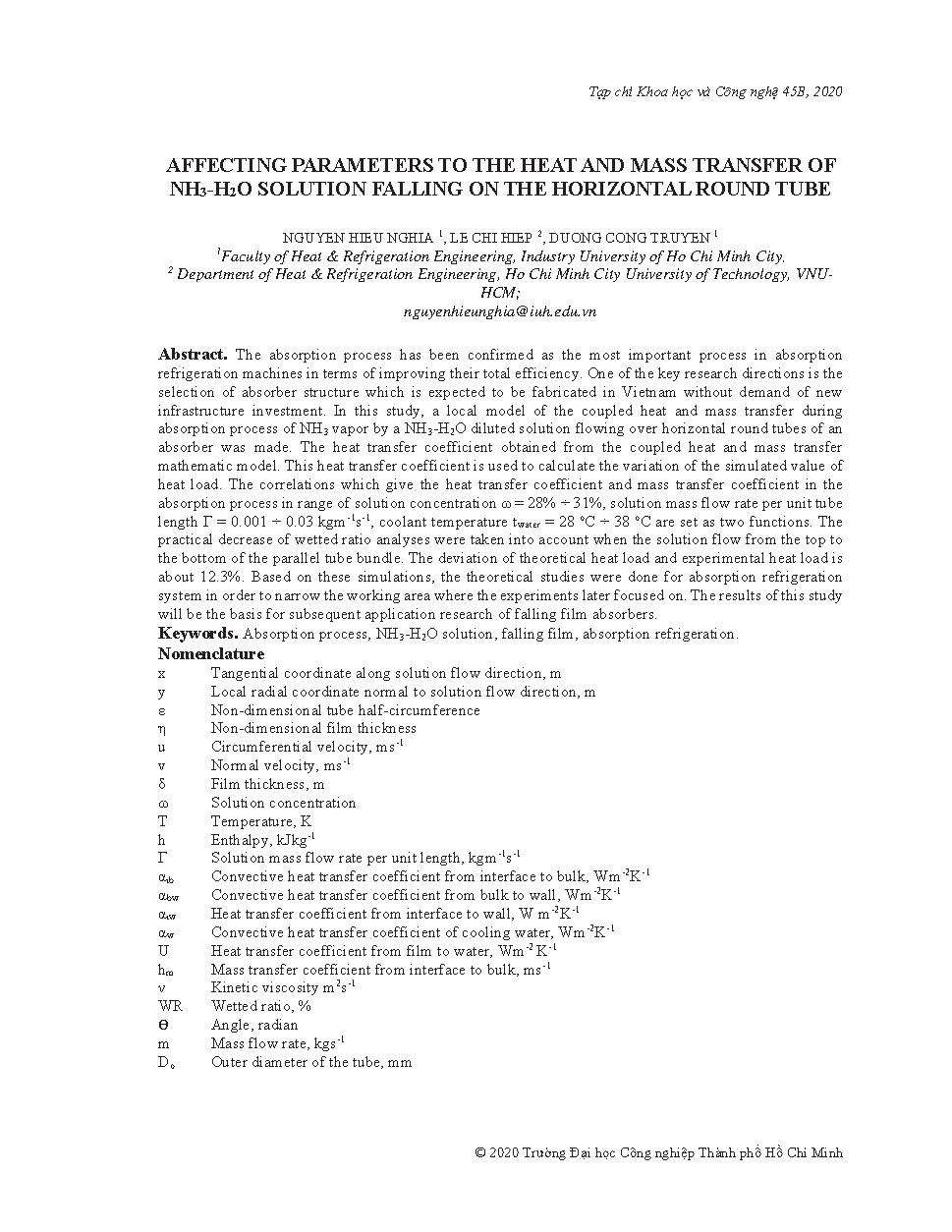 Affecting parameters to the heat and mass transfer of NH3-H2O solution falling on the horizontal round tube