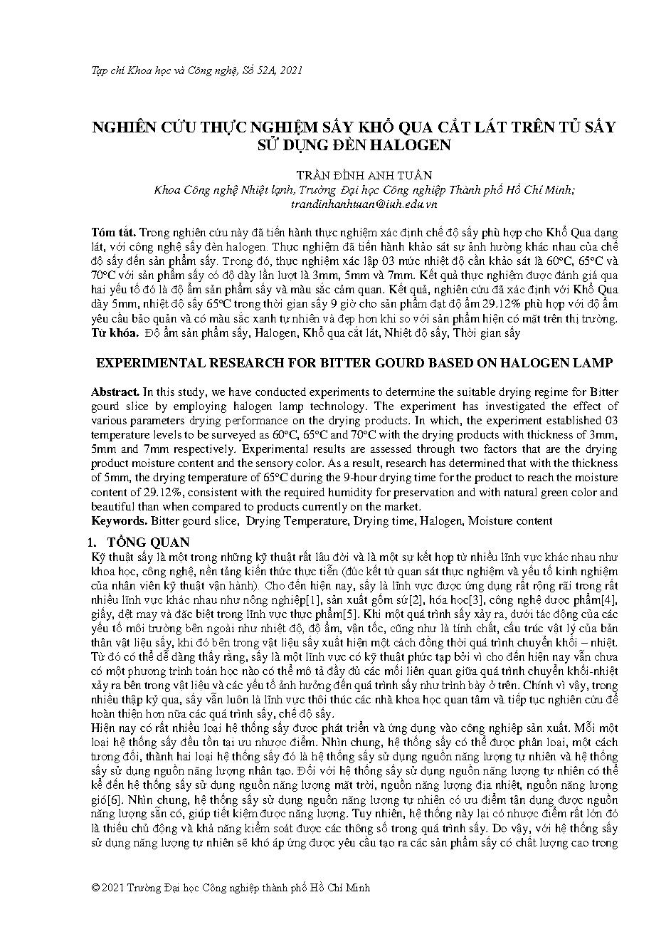 Nghiên cứu thực nghiệm sấy khổ qua cắt lát trên tủ sấy sử dụng đèn halogen