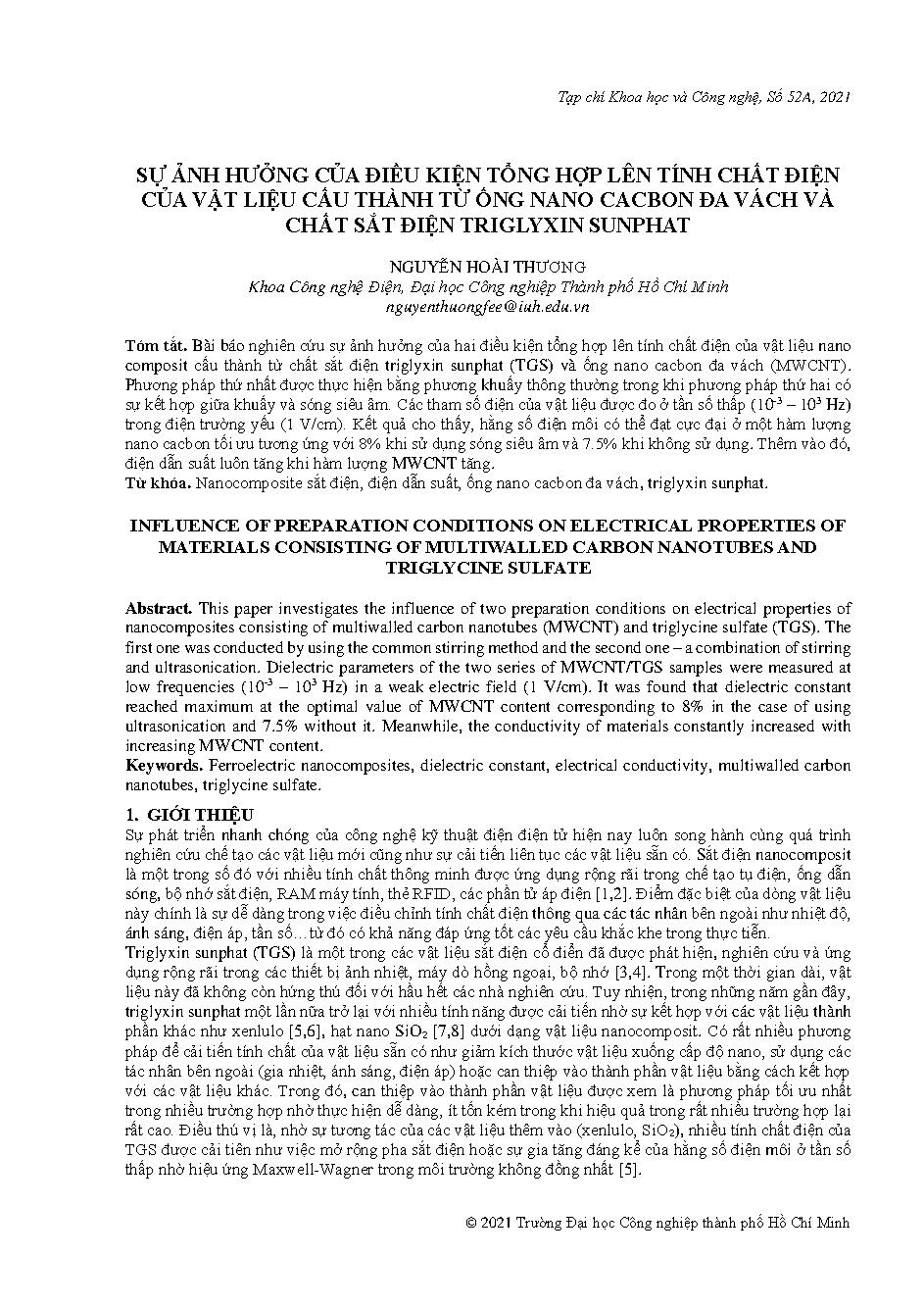 Sự ảnh hưởng của điều kiện tổng hợp lên tính chất điện của vật liệu cấu thành từ ống nano cacbon đa vách và chất sắt điện triglyxin sunphat