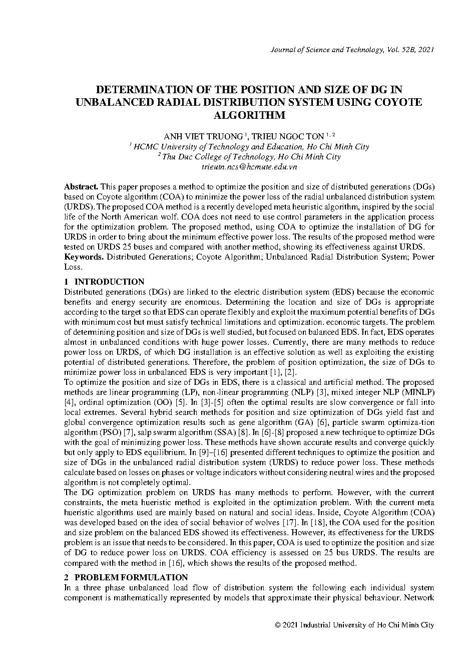 Determination of the position and size of DG in unbalanced radial distribution system using coyote algorithm