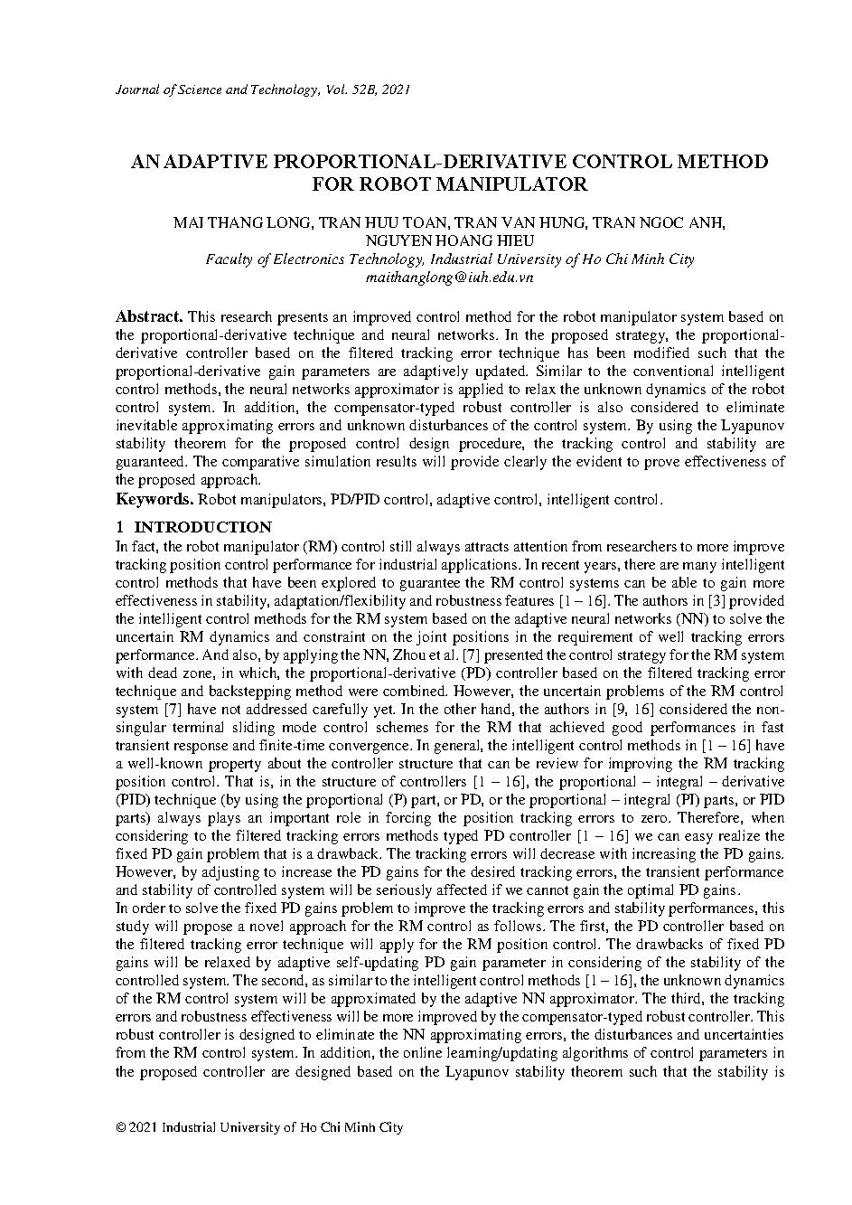 An adaptive proportional-derivative control method for robot manipulator