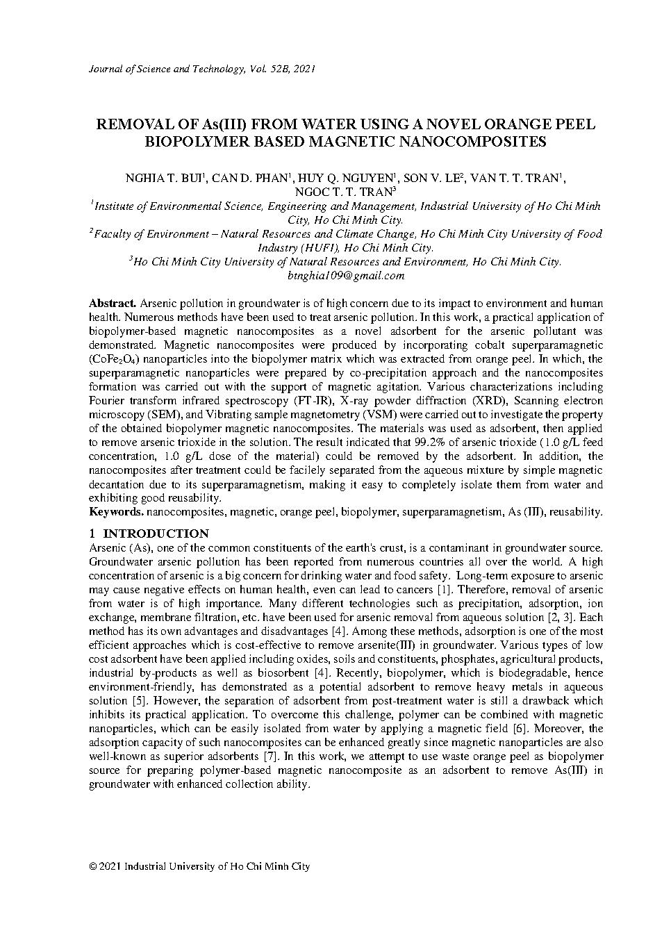 Removal of As(III) from water using a novel orange peel biopolymer based magnetic nanocomposites