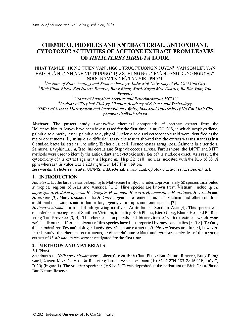 Chemical profiles and antibacterial, antioxidant, cytotoxic activities of acetone extract from leaves of helicteres hirsuta lour