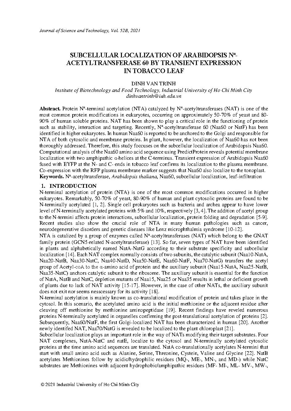 Subcellular localization of arabidopsis N_ acetyltransferase 60 by transient expression in tobacco leaf