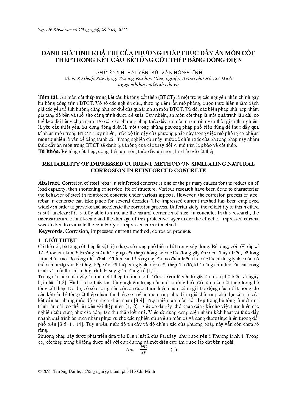 Đánh giá tính khả thi của phương pháp thúc đẩy ăn mòn cốt thép trong kết cấu bê tông cốt thép bằng dòng điện