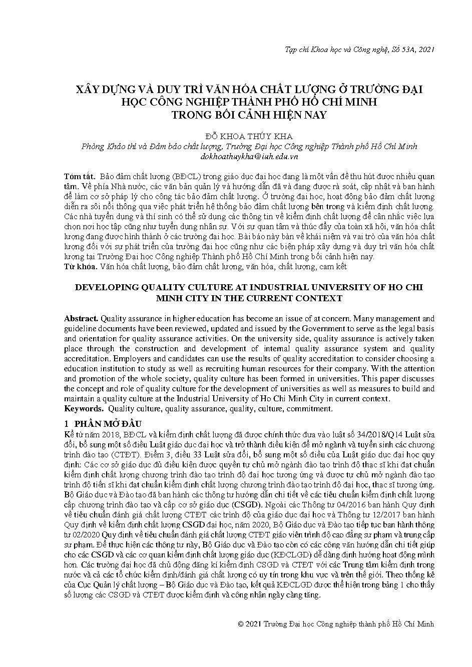 Xây dựng và duy trì văn hóa chất lượng ở Trường Đại học Công Nghiệp Thành phố Hồ Chí Minh trong bối cảnh hiện nay