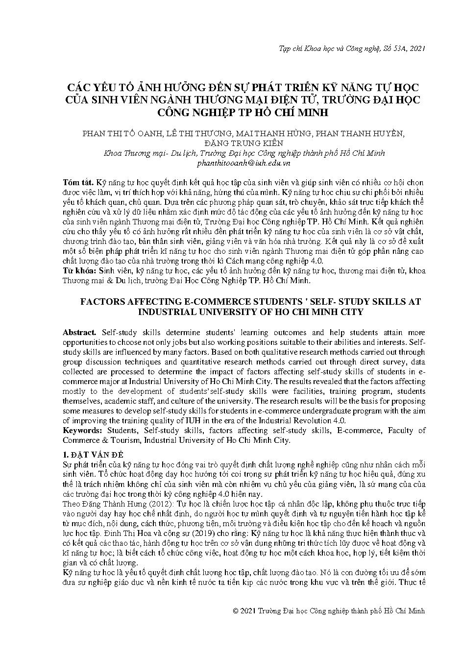 Các yếu tố ảnh hưởng đến sự phát triển kỹ năng tự học của sinh viên ngành thương mại điện tử, Trường Đại Học Công Nghiệp Tp Hồ Chí Minh