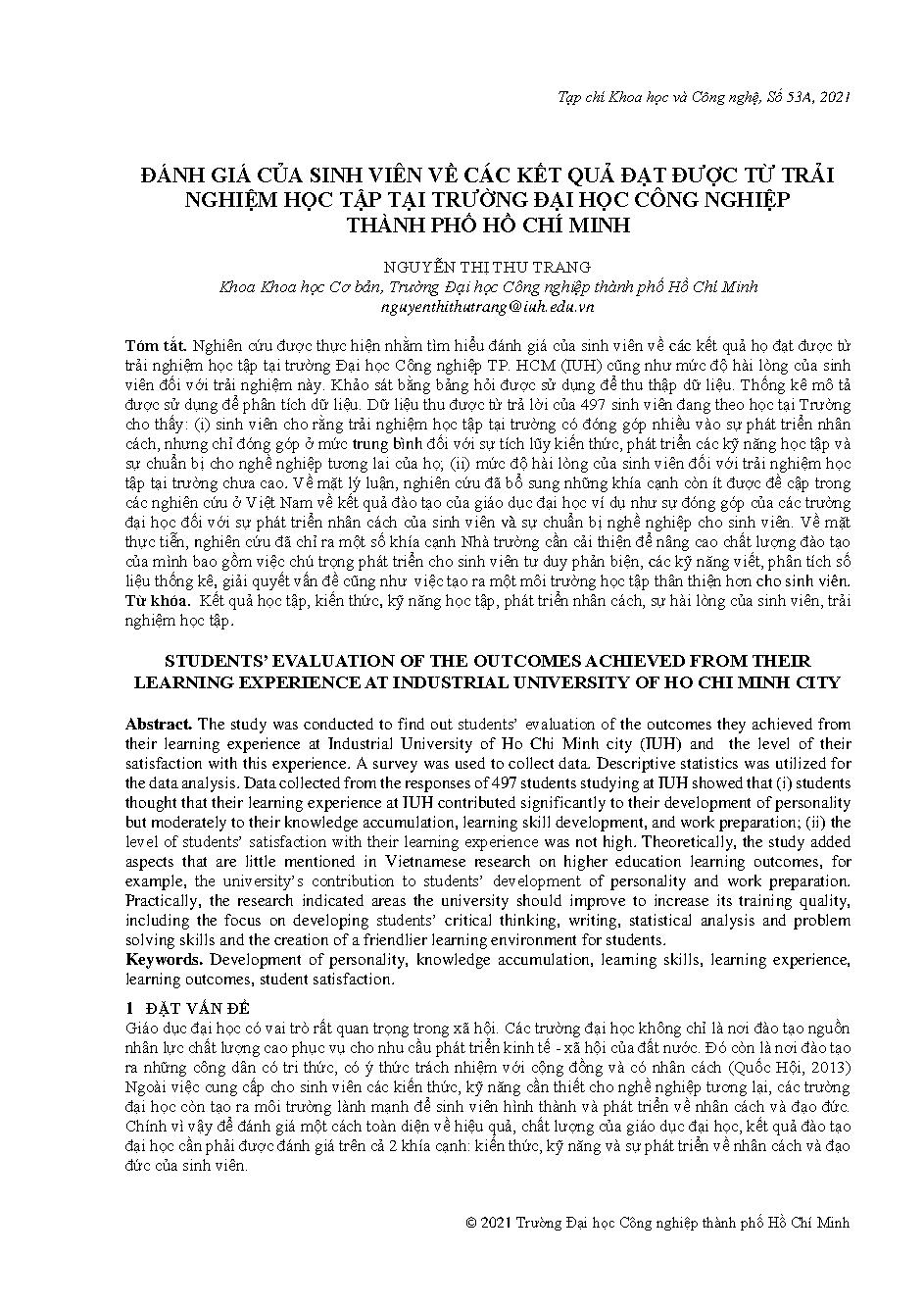 Đánh giá của sinh viên về các kết quả đạt được từ trải nghiệm học tập tại Trường Đại Học Công Nghiệp Thành phố Hồ Chí Minh