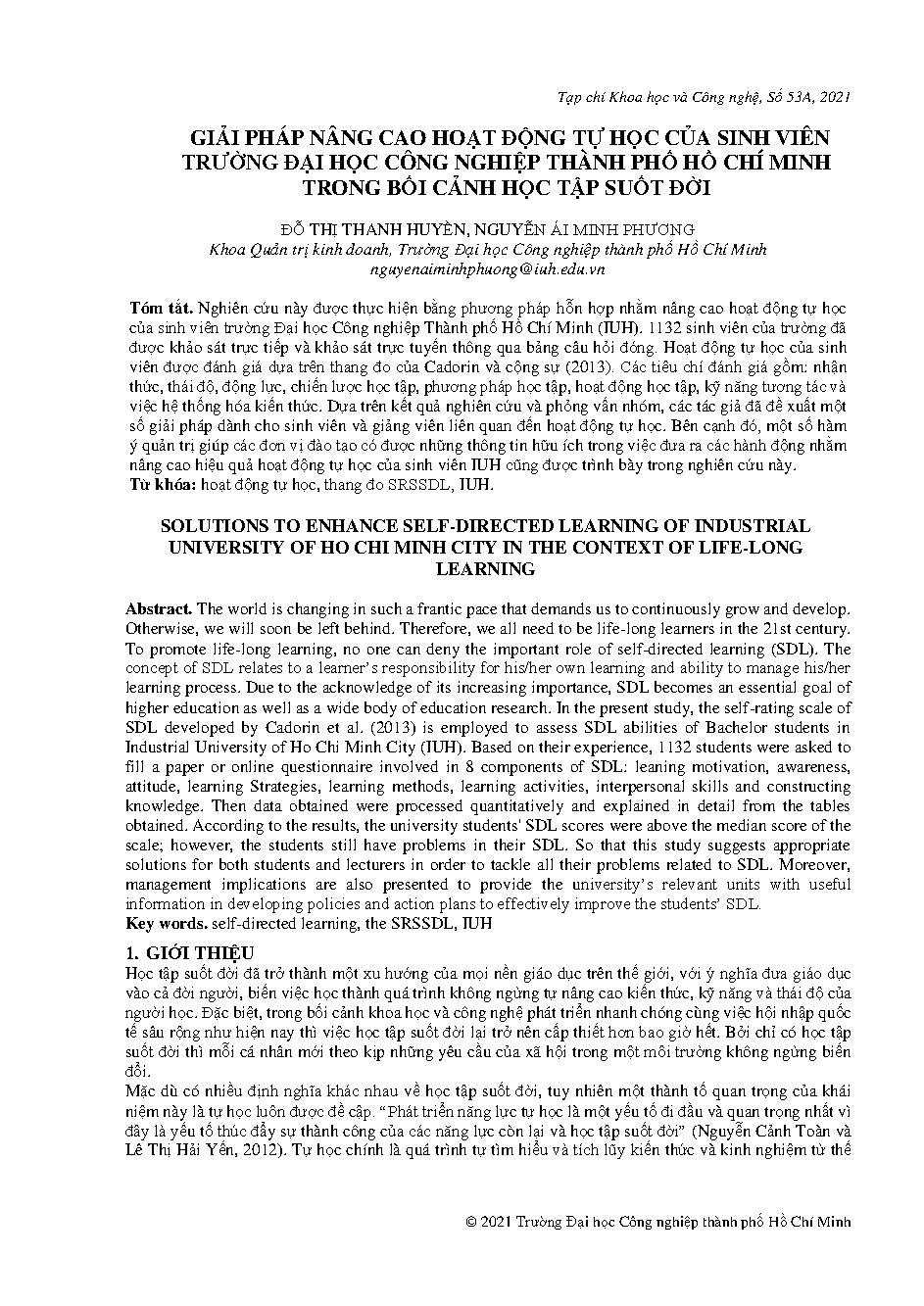 Giải pháp nâng cao hoạt động tự học của sinh viên Trường Đại học Công Nghiệp Thành phố Hồ Chí Minh trong bối cảnh học tập suốt đời