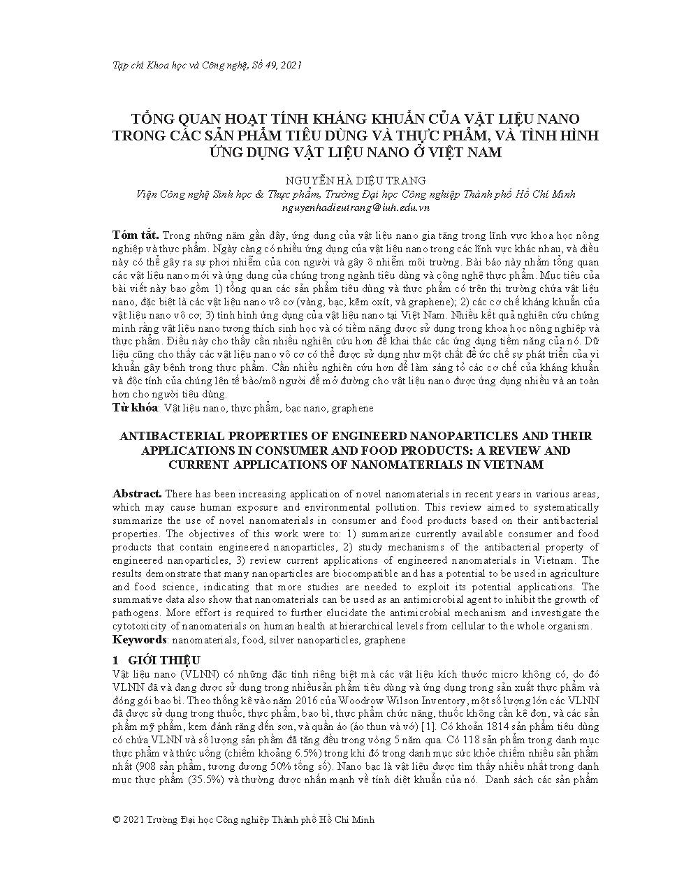 Tổng quan hoạt tính kháng khuẩn của vật liệu nano trong các sản phẩm tiêu dùng và thực phẩm, và tình hình ứng dụng vật liệu nano ở Việt Nam
