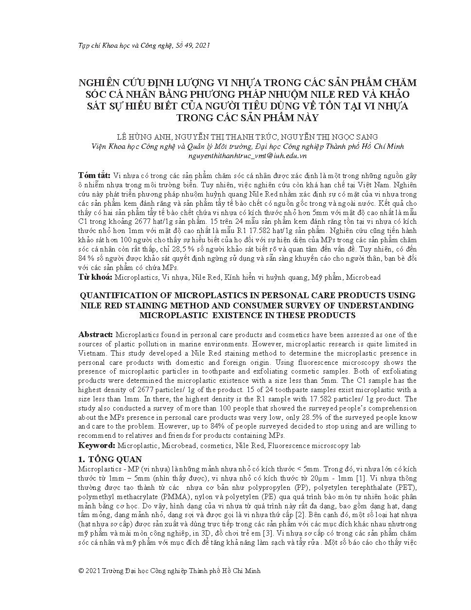 Nghiên cứu định lượng vi nhựa trong các sản phẩm chăm sóc cá nhân bằng phương pháp nhuộm nile red và khảo sát sự hiểu biết của người tiêu dùng về tồn tại vi nhựa trong các sản phẩm này