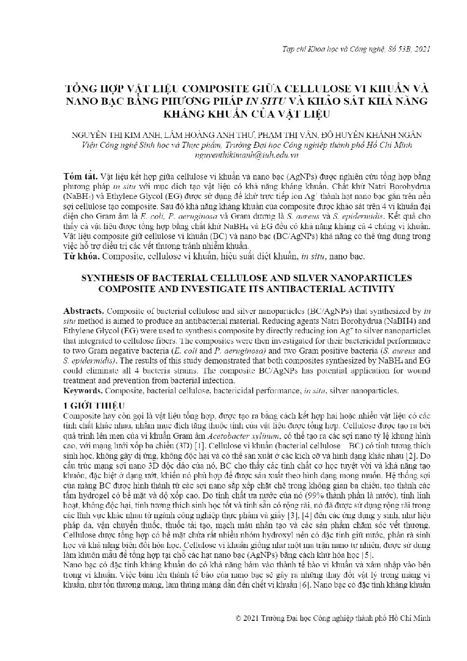 Tổng hợp vật liệu composite giữa cellulose vi khuẩn và nano bạc bằng phương pháp in situ và khảo sát khả năng kháng khuẩn của vật liệu