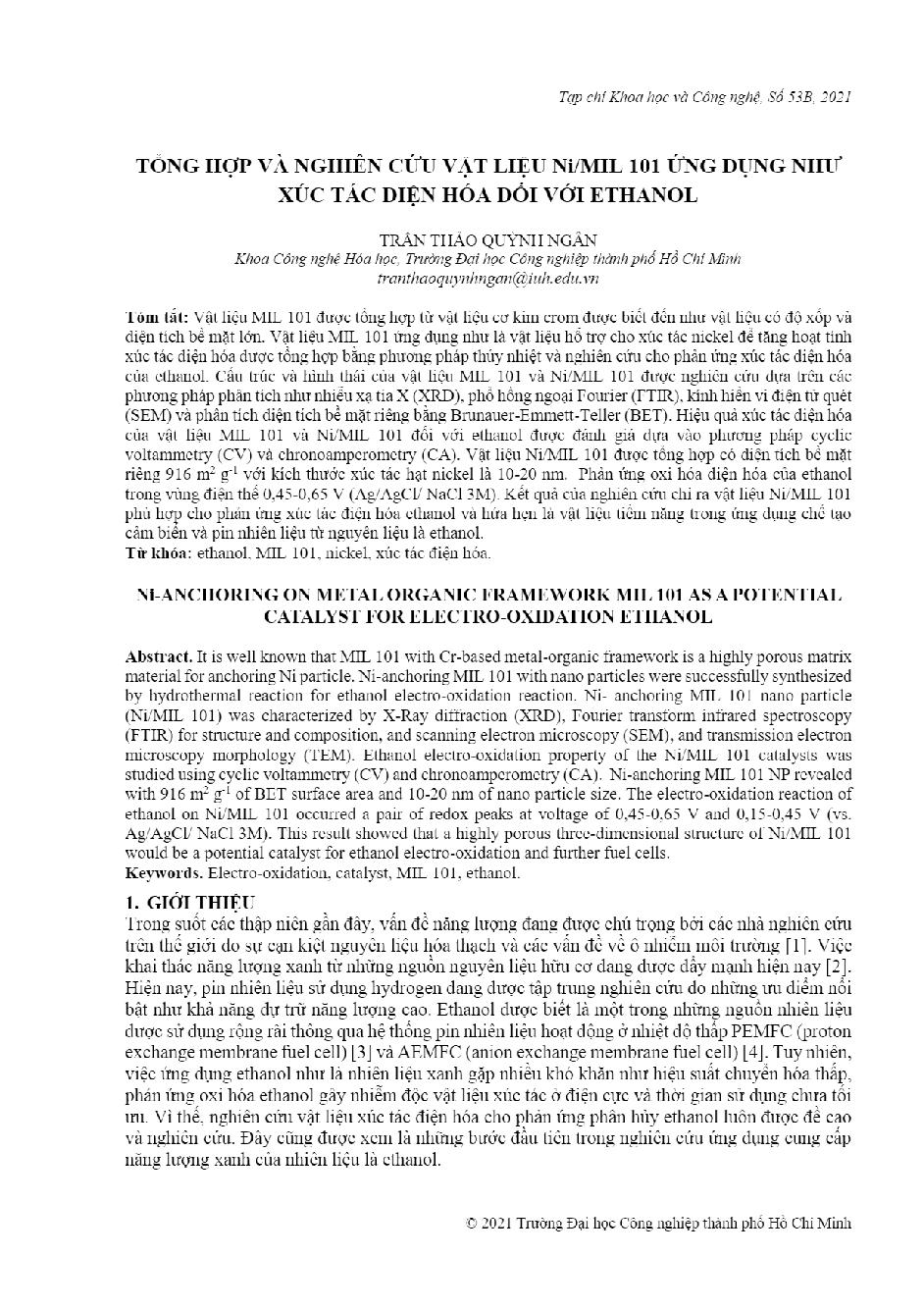 Tổng hợp và nghiên cứu vật liệu Ni/MIL 101 ứng dụng như xúc tác điện hóa đối với ethanol