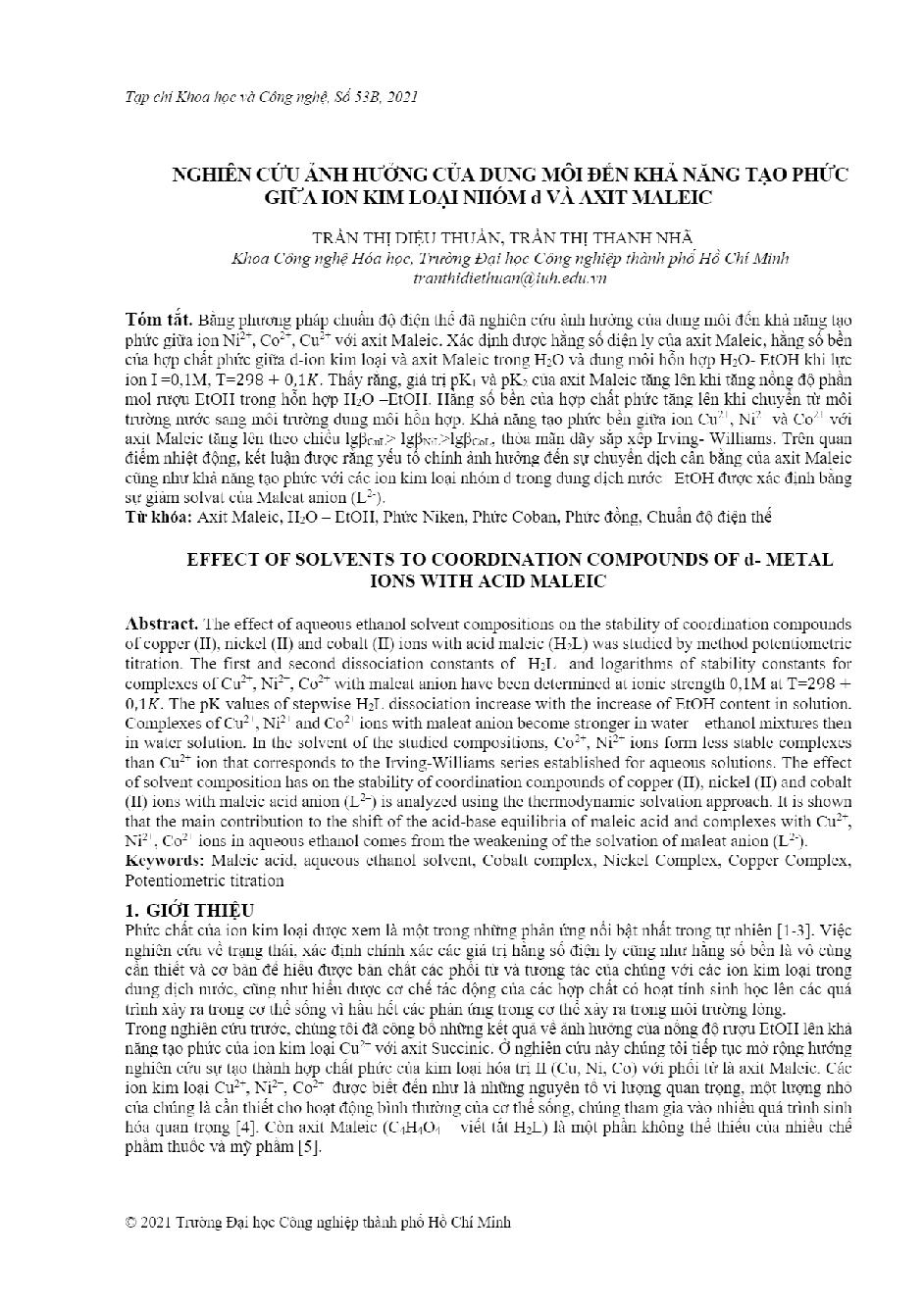 Nghiên cứu ảnh hưởng của dung môi đến khả năng tạo phức giữa ion kim loại nhóm d và axit maileic