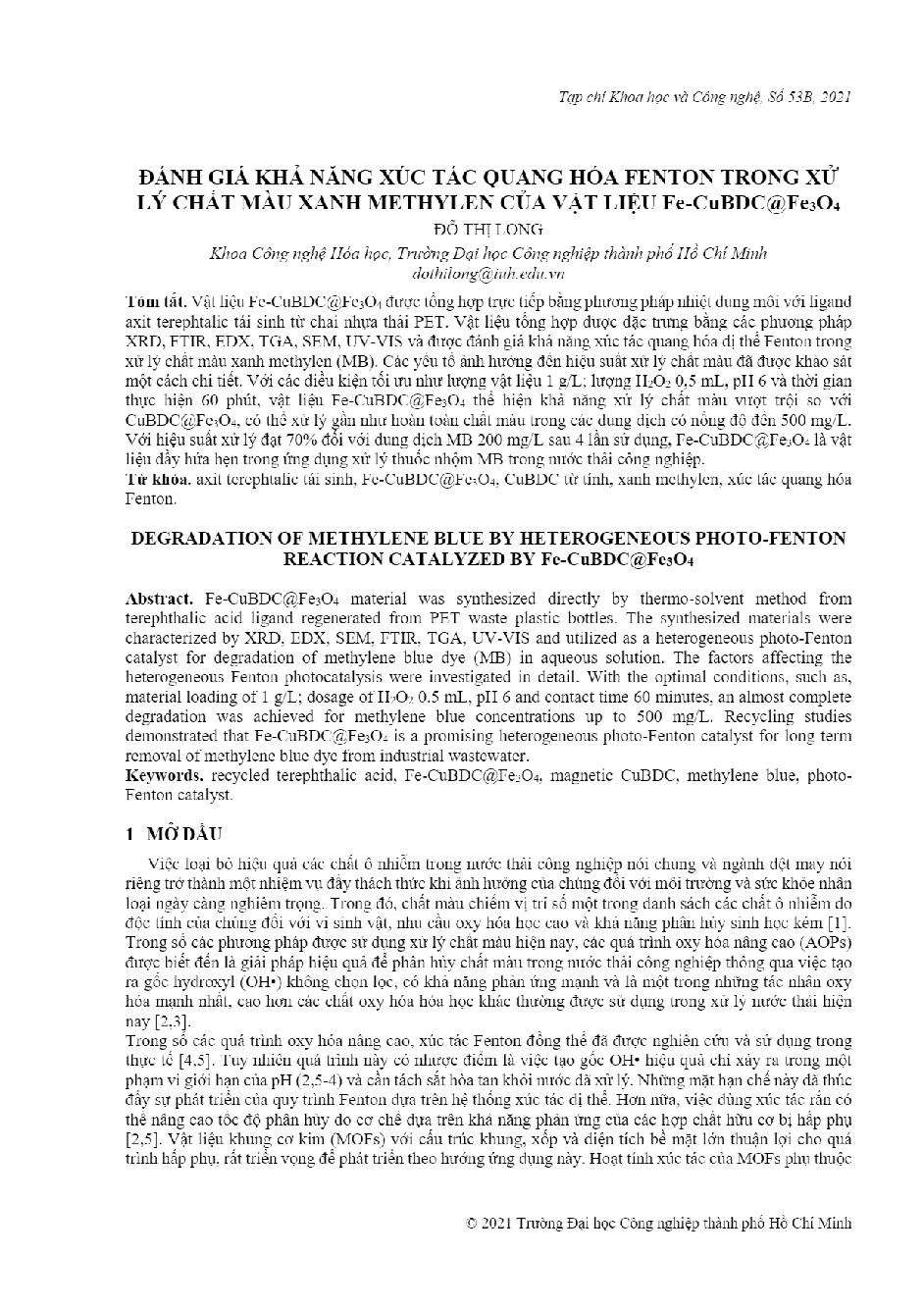 Đánh giá khả năng xúc tác quang hóa Fenton trong xử lý chất màu xanh Methylen của vật liệu Fe-CuBDC @Fe3O4