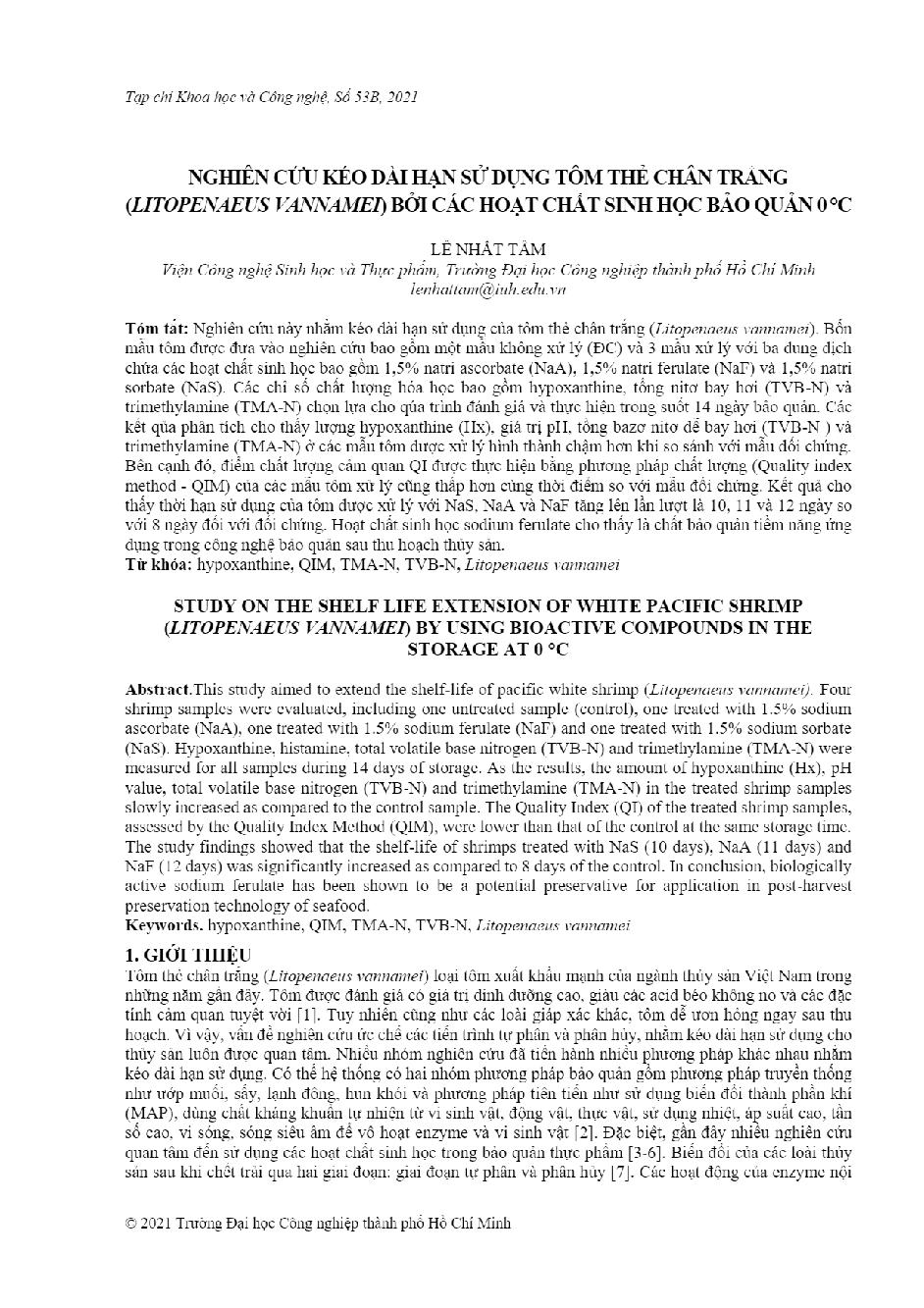 Nghiên cứu kéo dài hạn sử dụng tôm thẻ chân trắng (Litopenaeus vannamei) bởi các hoạt chất sinh học bảo quản O độ C