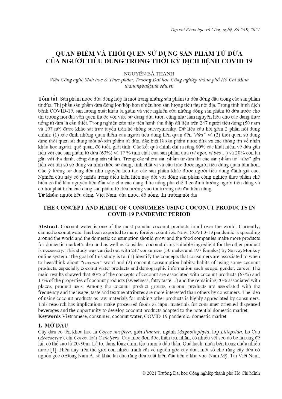 Quan điểm và thói quen sử dụng sản phẩm từ dừa của người tiêu dùng trong thời kỳ dịch bệnh Covid-19