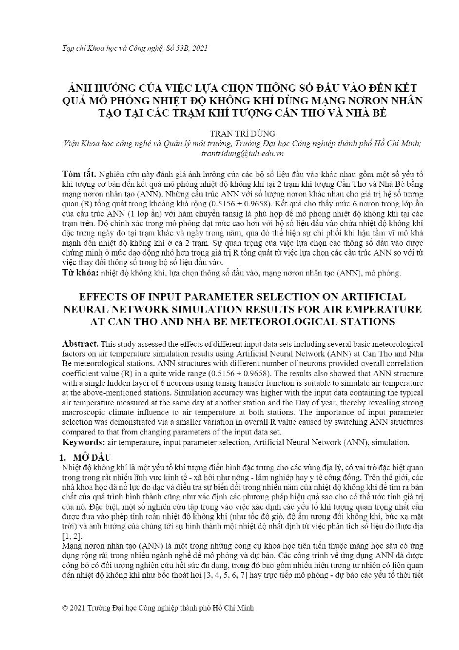 Ảnh hưởng của việc lựa chọn thông số đầu vào đến kết quả mô phỏng nhiệt độ không khí dùng mạng nơron nhân tạo tại các trạm khí tượng Cần Thơ và Nhà Bè
