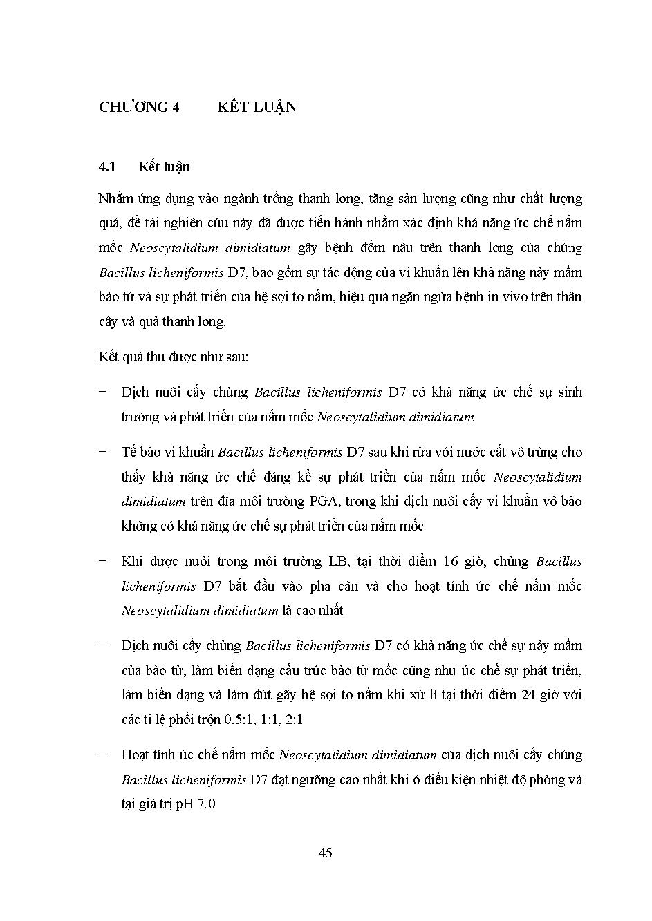 Khảo sát khả năng ức chế nấm mốc neoscytalidium dimidiatum gây bệnh đốm nâu trên Thanh Long của vi khuẩn bacillus licheniformis D7: Đồ án tốt nghiệp Viện Công nghệ Sinh học và Thực phẩm - Chuyên ngành: Công nghệ Sinh học