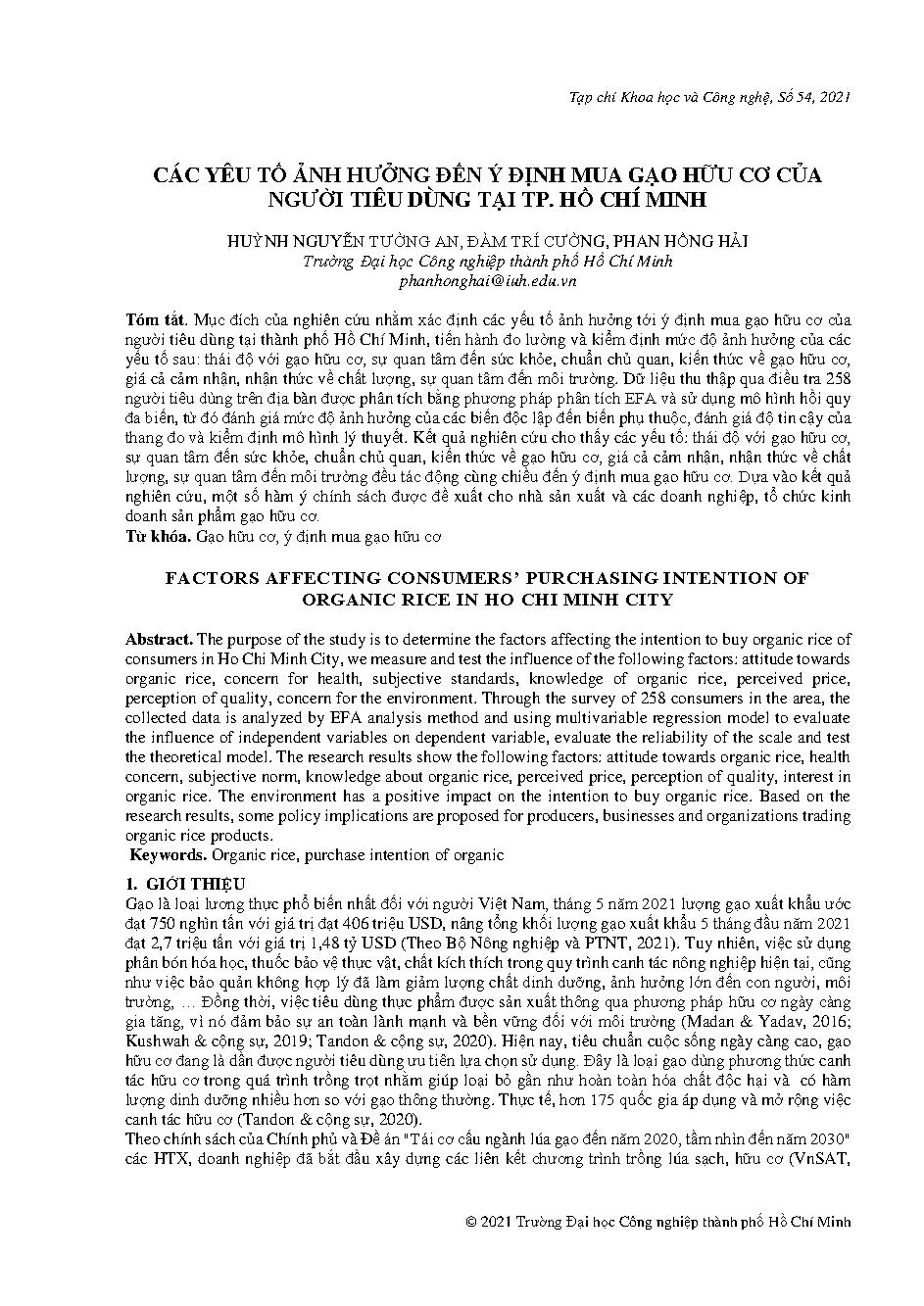 Các yêu tố ảnh hưởng đến ý định mua gạo hữu cơ của người tiêu dùng tại Tp. Hồ Chí Minh