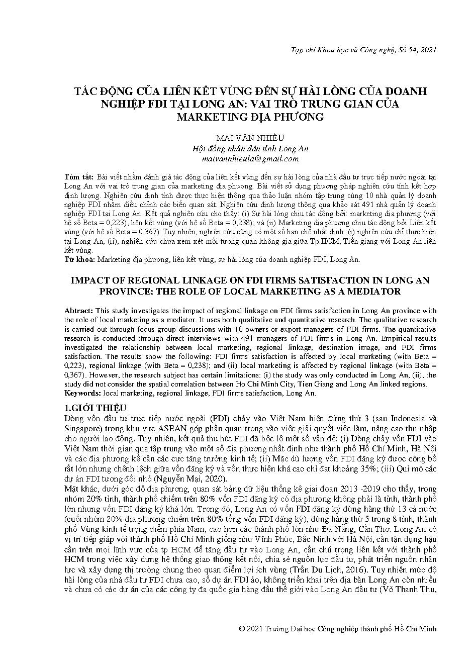 Tác động của liên kết vùng đến sự hài lòng của doanh nghiệp FDI tại Long An: vai trò trung gian của marketing địa phương