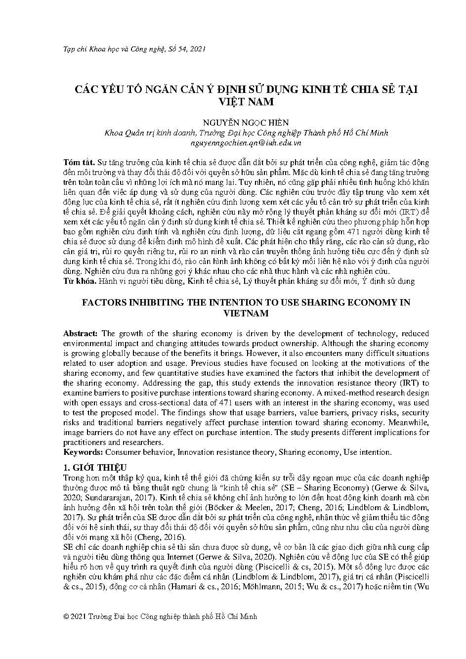Các yếu tố ngăn cản ý định sử dụng kinh tế chia sẻ tại Việt Nam