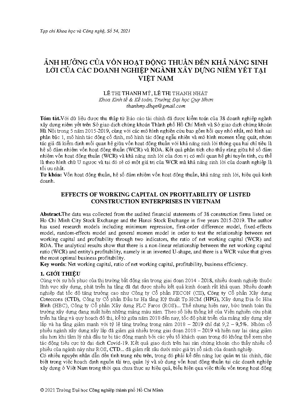 Ảnh hưởng của vốn hoạt động thuần đến khả năng sinh lời của các doanh nghiệp ngành xây dựng niêm yết tại Việt Nam