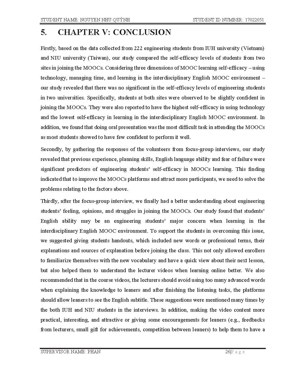 ESL engineering students’ self-efficacy in learning an interdisciplinary english mooc: a comparative study :Graduation Thesis - Faculty of Foreign Languages