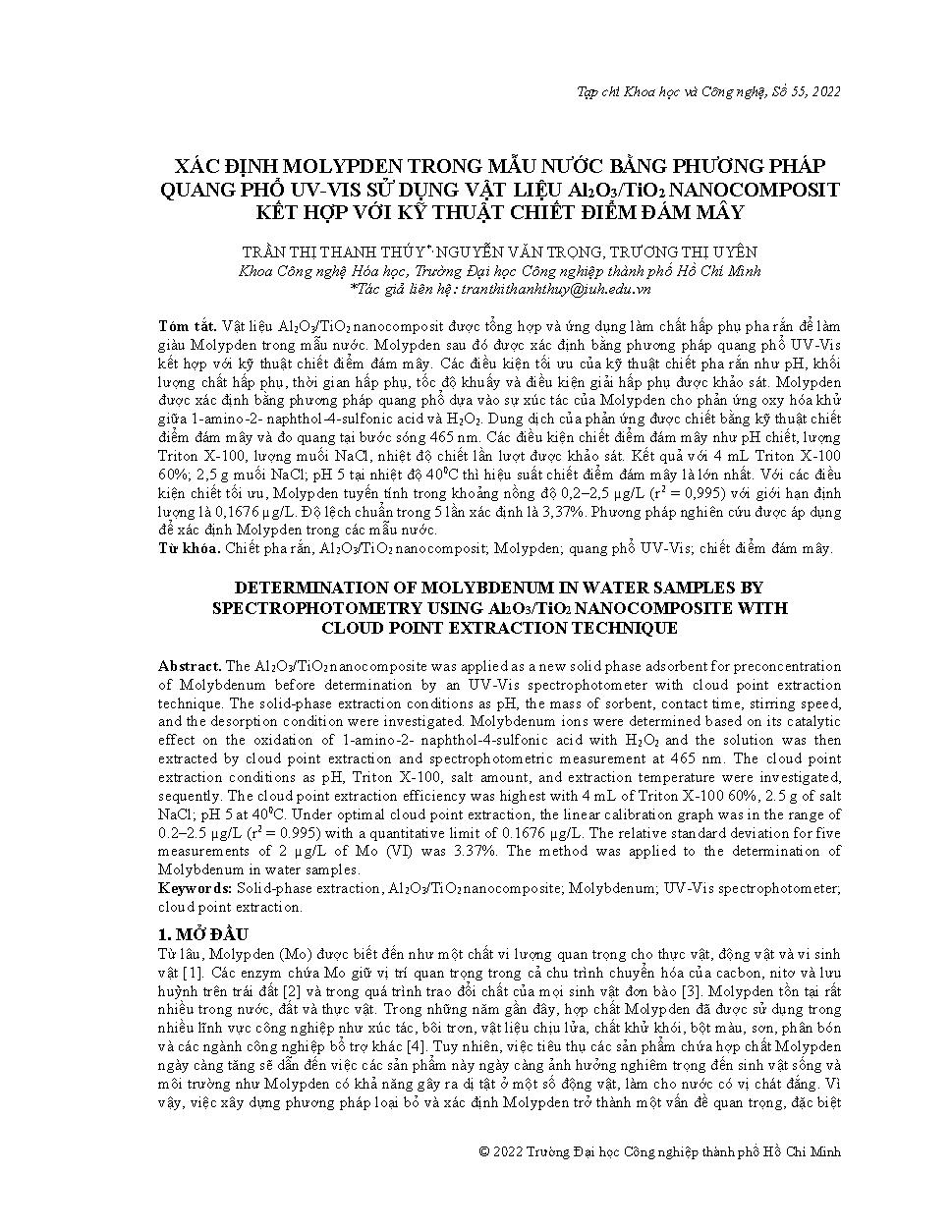 Xác định molypden trong mẫu nước bằng phương pháp quang phổ uv-vis sử dụng vật liệu al2o3/tio2 nanocomposit kết hợp với kỹ thuật chiết điểm đám mây