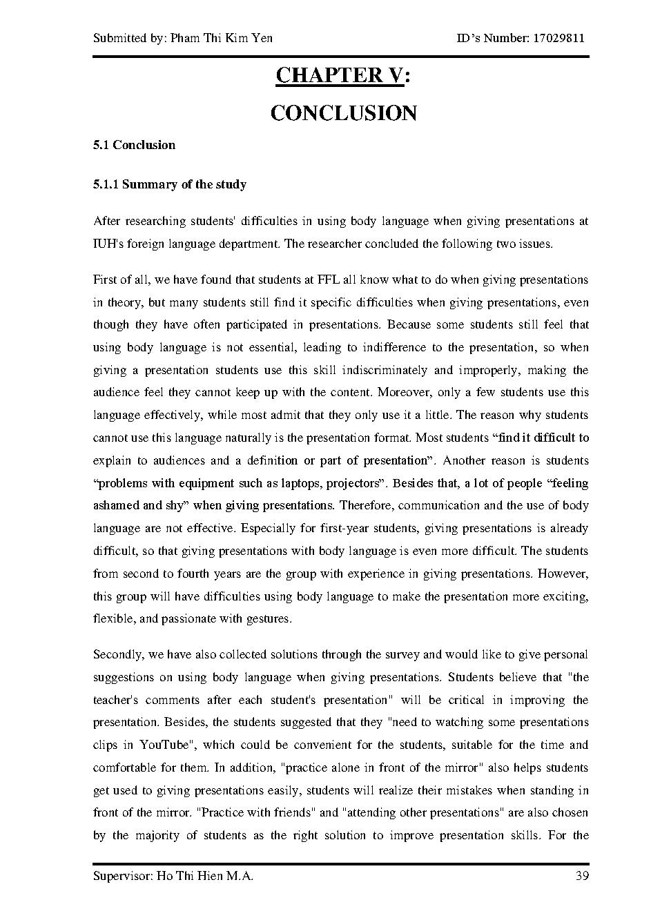 The difficulties in using body language in making presentations of English - majored students at FFL in IUH :Graduation Thesis - Faculty of Foreign Languages