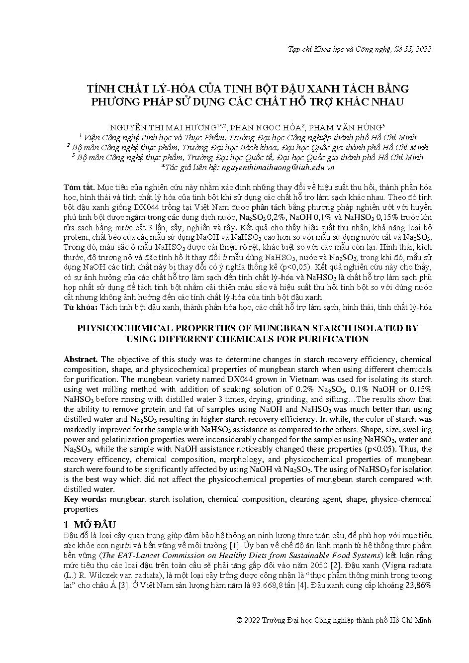 Tính chất lý-hóa của tinh bột đậu xanh tách bằng phương pháp sử dụng các chất hỗ trợ khác nhau