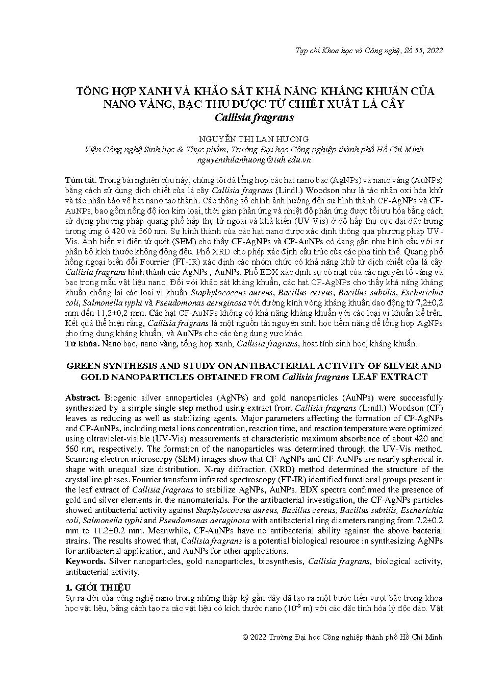 Tổng hợp xanh và khảo sát khả năng kháng khuẩn của nano vàng, bạc thu được từ chiết xuất lá cây callisia fragrans