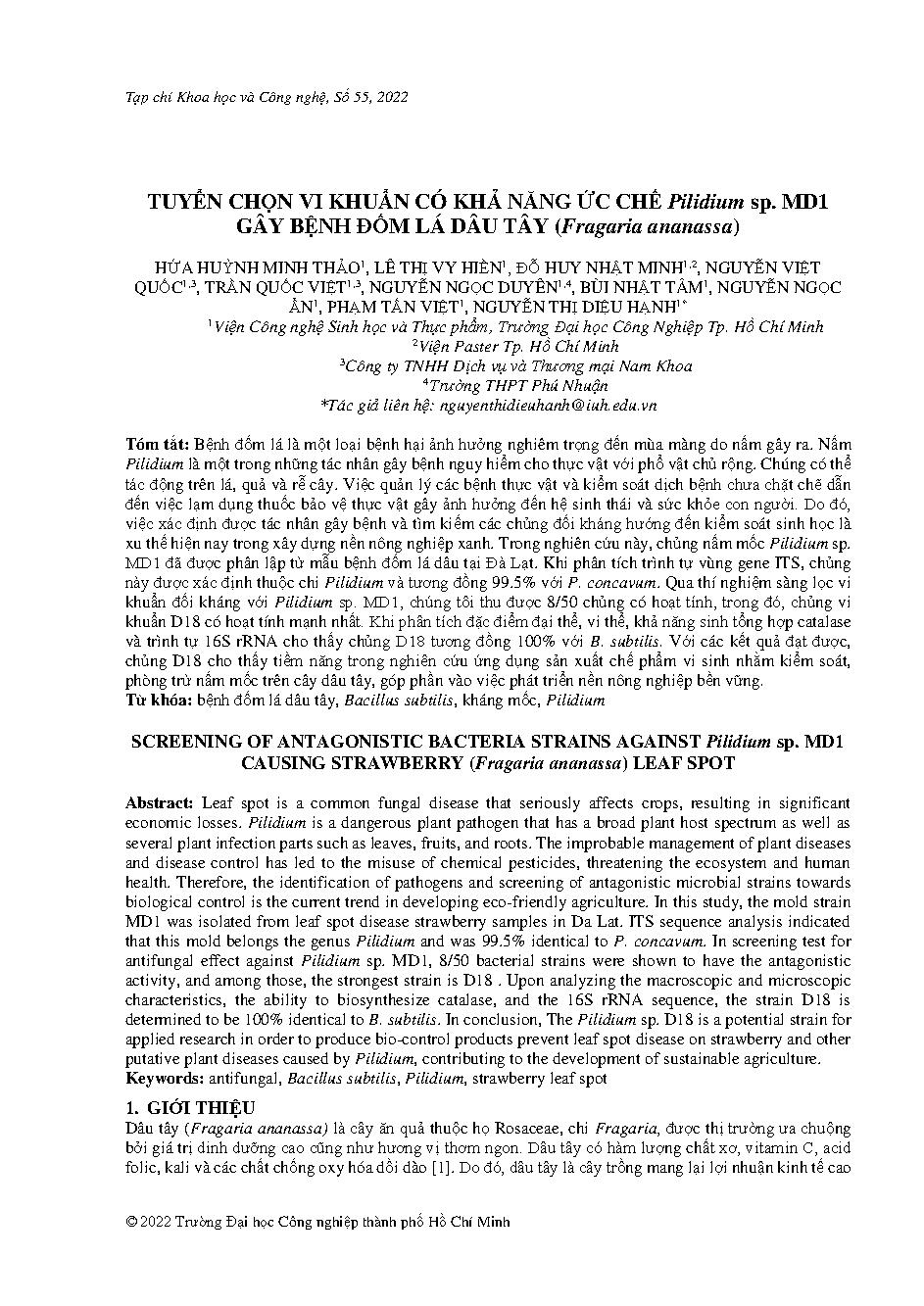 Tuyển chọn vi khuẩn có khả năng ức chế pilidium sp. md1 gây bệnh đốm lá dâu tây (fragaria ananassa)