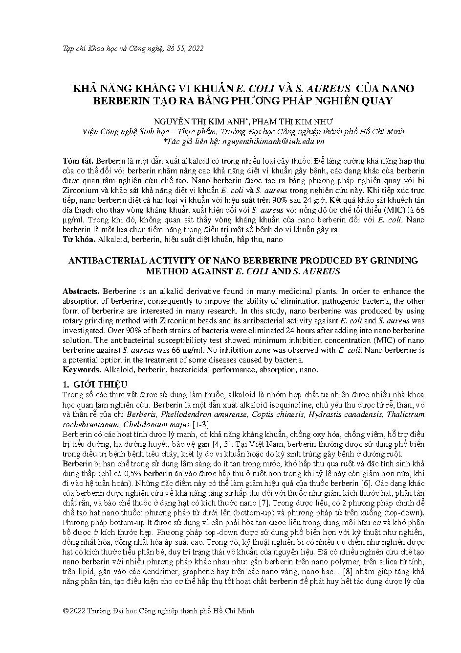 Khả năng kháng vi khuẩn e. coli và s. aureus của nano berberin tạo ra bằng phương pháp nghiền quay