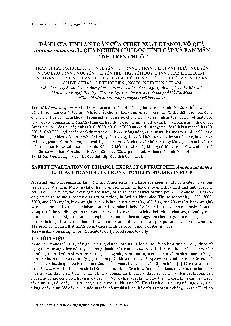 Đánh giá tính an toàn của chiết xuất etanol vỏ quả annona squamosa l. qua nghiên cứu độc tính cấp và bán mãn tính trên chuột