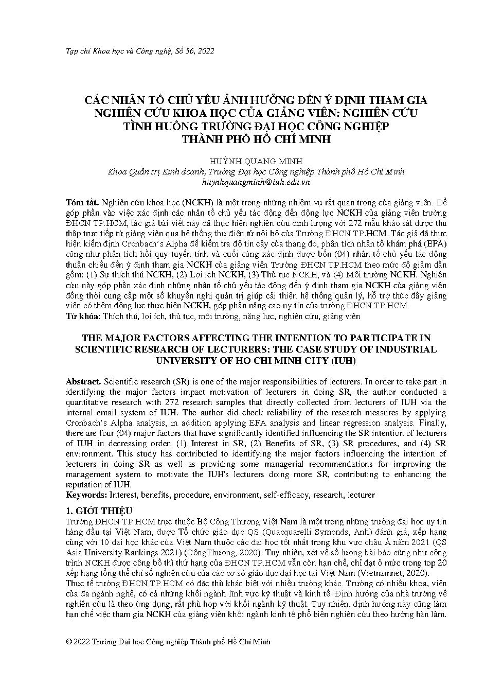 Các nhân tố chủ yếu ảnh hưởng đến ý định tham gia nghiên cứu khoa học của giảng viên: nghiên cứu tình huống Trường Đại học Công Nghiệp Thành phố Hồ Chí Minh