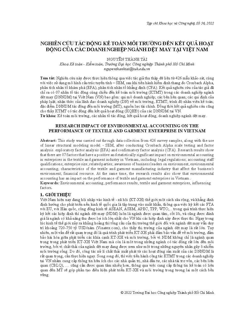 Nghiên cứu tác động kế toán môi trường đến kết quả hoạt động của các doanh nghiệp ngành dệt may tại Việt Nam