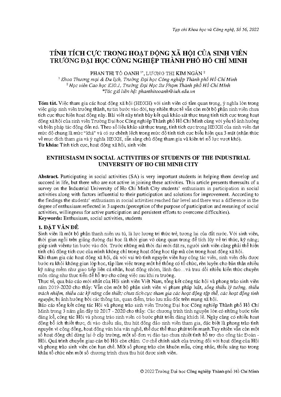 Tính tích cực trong hoạt động xã hội của sinh viên Trường Đại học Công Nghiệp Thành phố Hồ Chí Minh