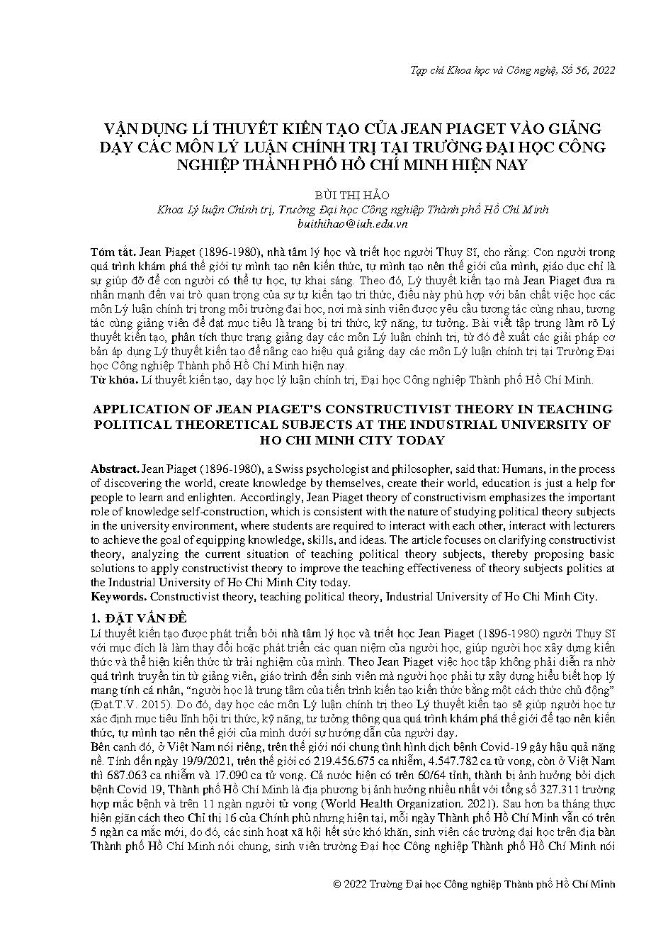 Vận dụng lí thuyết kiến tạo của jean piaget vào giảng dạy các môn lý luận chính trị tại Trường Đại học Công Nghiệp Thành phố Hồ Chí Minh hiện nay