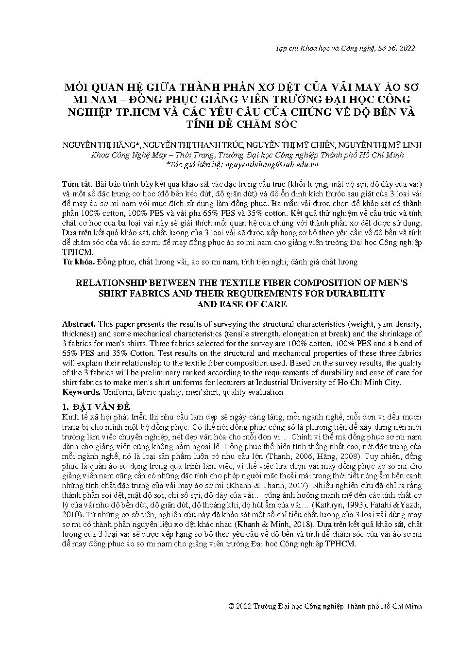 Mối quan hệ giữa thành phần xơ dệt của vải may áo sơ mi nam – đồng phục giảng viên Trường Đại học Công Nghiệp Tp.HCM và các yêu cầu của chúng về độ bền và tính dễ chăm sóc