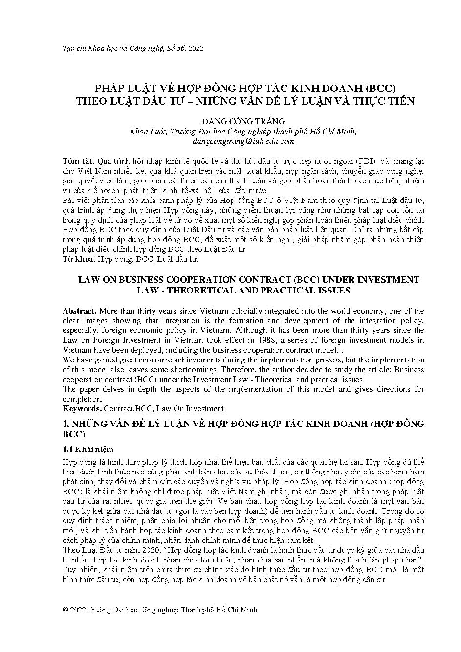 Pháp luật về hợp đồng hợp tác kinh doanh (bcc) theo luật đầu tư – những vấn đề lý luận và thực tiễn